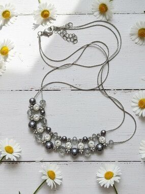 Faux Pearl Crystal Double Silver Tone Statement Necklace